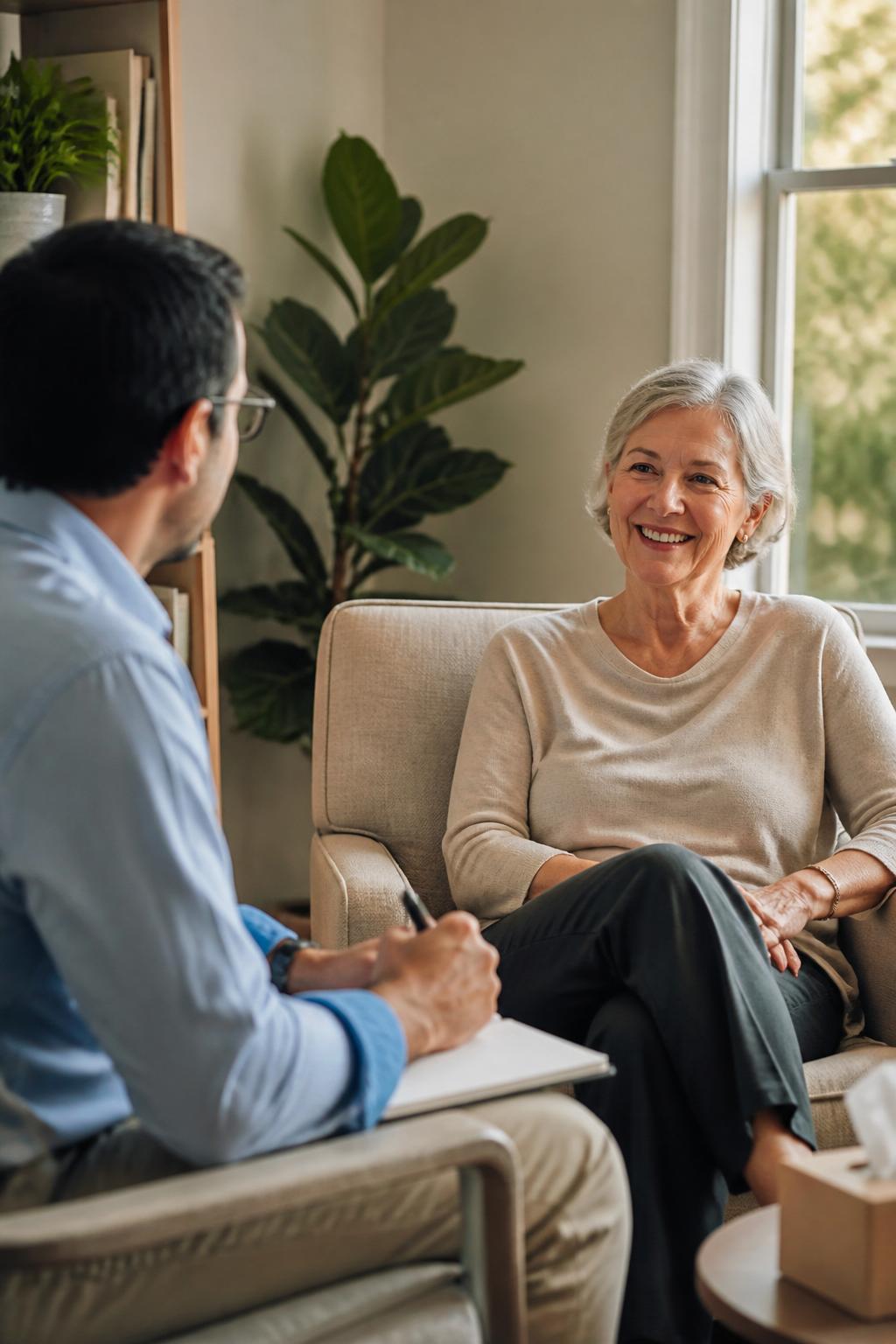 A smiling patient talking with her psychiatrist in a warm, welcoming office at Fleischer Psychiatry